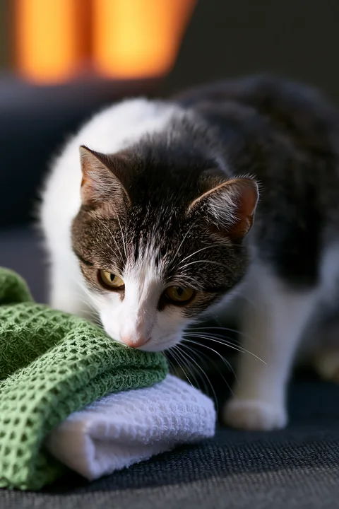 Close-up of a Bambino cat resting on a textured green and white blanket indoors.