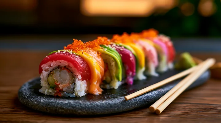 Close-up view of a rainbow sushi roll displayed on a black stone plate.
