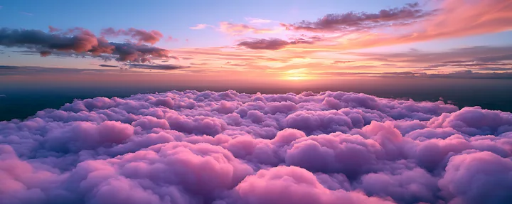 Clouds fill the sky during sunset, displaying shades of pink and purple.