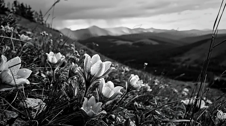 A field of pasque flowers grows on a limestone slope. The sky is cloudy, and mountains are visible in the background. The scene captures the natural beauty of t