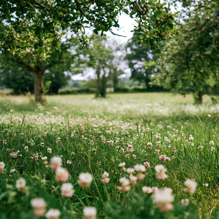 A view of a clover apple meadow featuring trees and patches of flowers. The scene captures green grass under a cloudy sky, showing the natural setting.