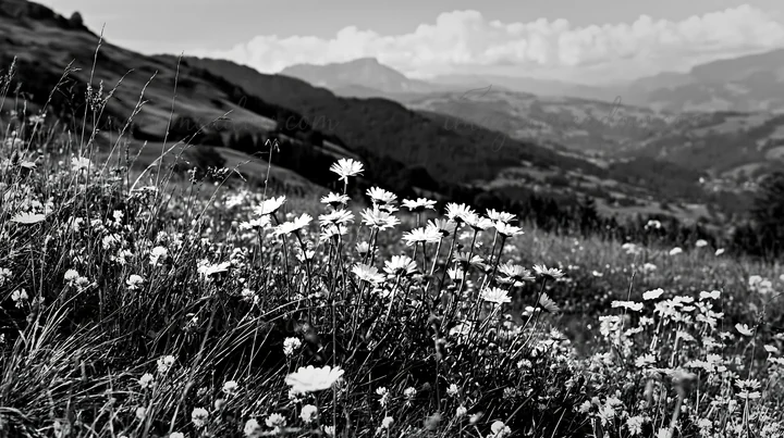 Clover speedwell flowers grow in a meadow surrounded by mountains. The scene captures a black and white view of the landscape on a clear day, highlighting the n