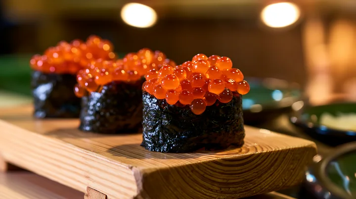 Clusters of ikura salmon roe sushi sit on a wooden platter.