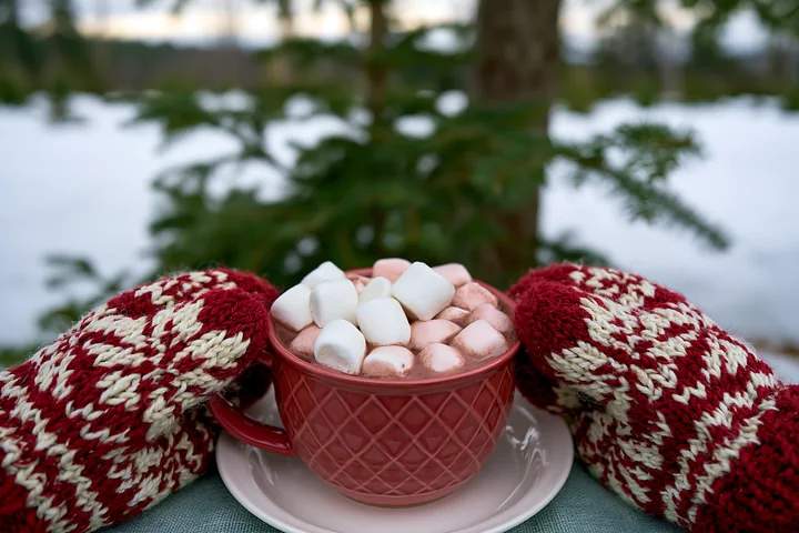 Cocoa topped with marshmallows sits between knitted mittens beside a snowy evergreen tree.