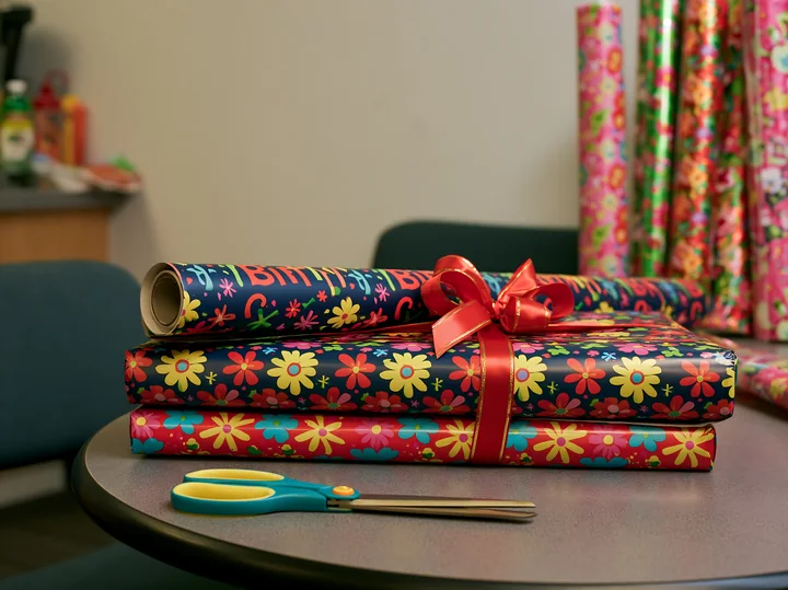Colorful birthday wrapping paper sits on a table with scissors nearby.