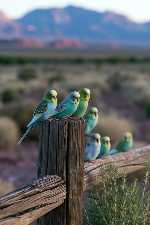 Colorful budgerigars perch on a weathered wooden fence with a blurred desert mountain landscape behind them.