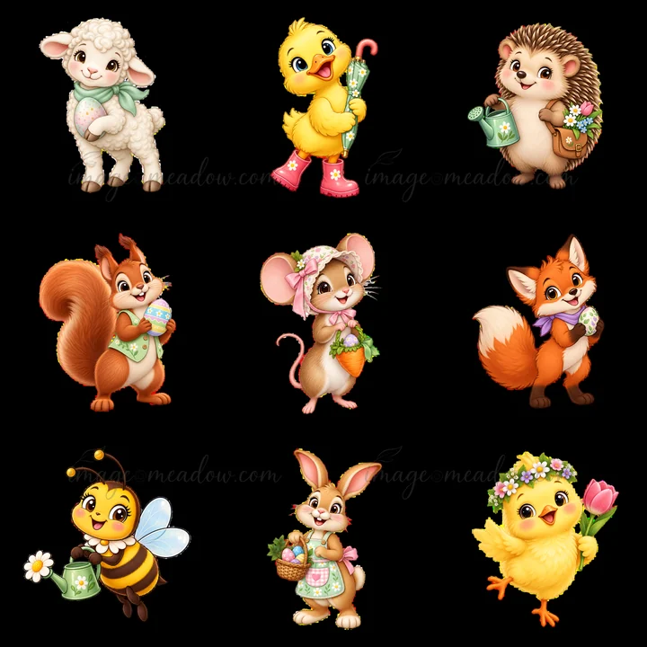 A cheerful collection of cartoon animal stickers shows a lamb, duckling, hedgehog, squirrel, mouse, fox, bee, rabbit, and chick. Each character holds festive it
