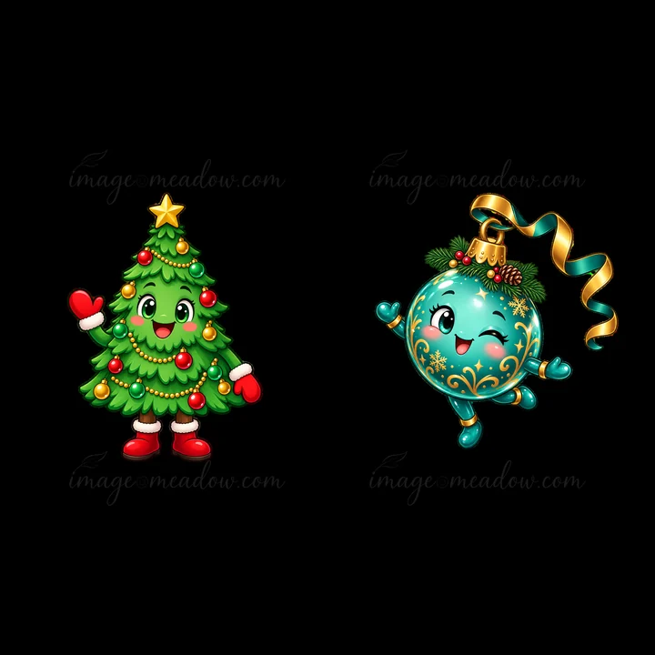 A cheerful Christmas tree with decorations and a smiling ornament with a ribbon are featured in a playful design. Both characters embody the festive spirit of t