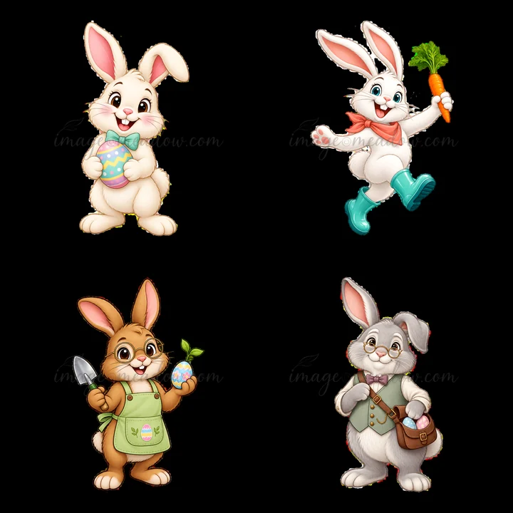 Four cartoon Easter bunnies are depicted in a 2x2 layout. Each bunny has distinct colors and accessories. One holds an egg, another carries a carrot, while othe