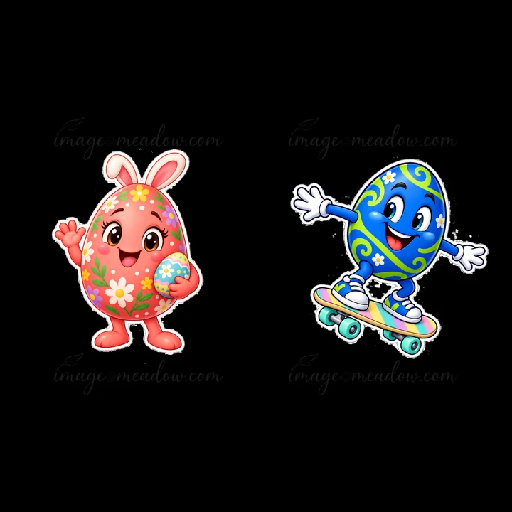 Two cartoon Easter eggs are shown in a playful pose. One egg has a floral design and holds a small egg, while the other is vibrant with a skateboard. Bright col