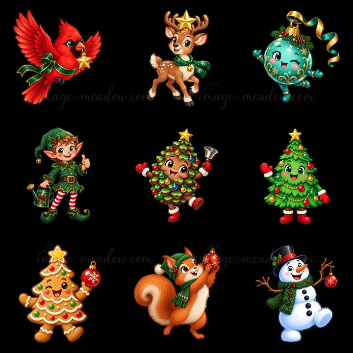 Nine cartoon stickers display festive Christmas characters. A red cardinal, a reindeer, a blue ornament, an elf, a tree person, a Christmas tree, a gingerbread