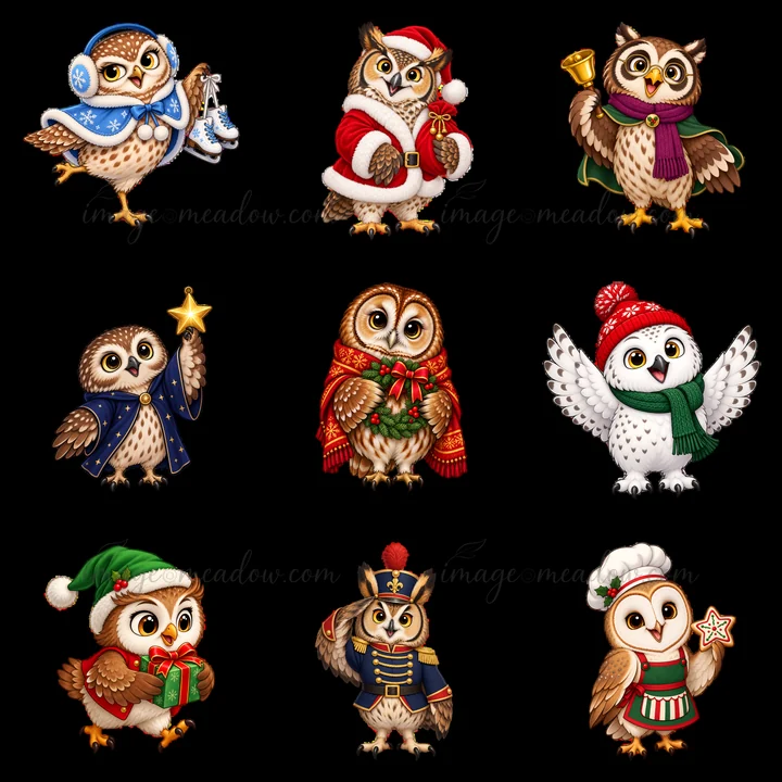 Nine cartoon owls are dressed in Christmas outfits and accessories in a 3x3 grid. Each owl shows a unique pose, holding items like bells, stars, and gifts. The