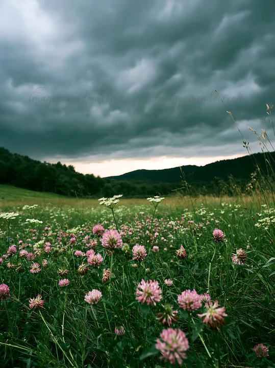 Various types of clover fill the meadow with pink flowers alongside green grass. Dark clouds loom above, hinting at possible rain. The scene is set in a wide op