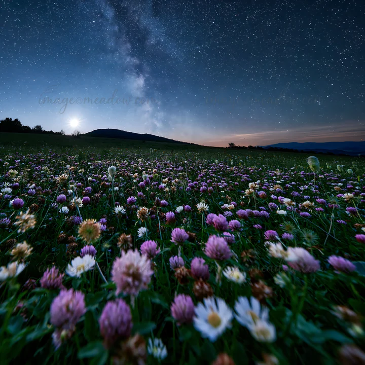 A meadow filled with clovers and wildflowers is visible at night. The sky is clear, revealing stars and the moon over distant hills. The scene captures nature i