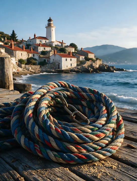 Colorful coiled fishing rope on a pier with a lighthouse and coastal village overlooking the sea.