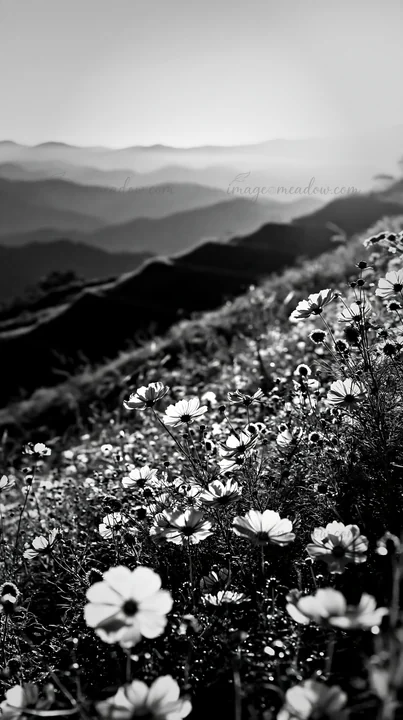 A colorful cosmos meadow blooms along a hillside with distant mountains in the background. Sunlight creates a warm glow, highlighting the flowers and landscape.