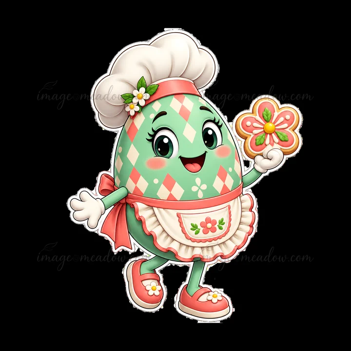A cartoon easter egg character wears a chef hat and apron while smiling. It holds a decorated cookie in one hand. The character has bright colors and playful de
