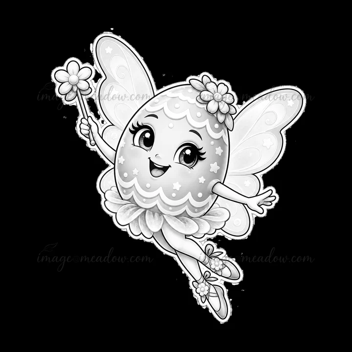 A fairy character shaped like an Easter egg is smiling and flying. The fairy has wings and wears a flower crown. She holds a wand with a flower while surrounded