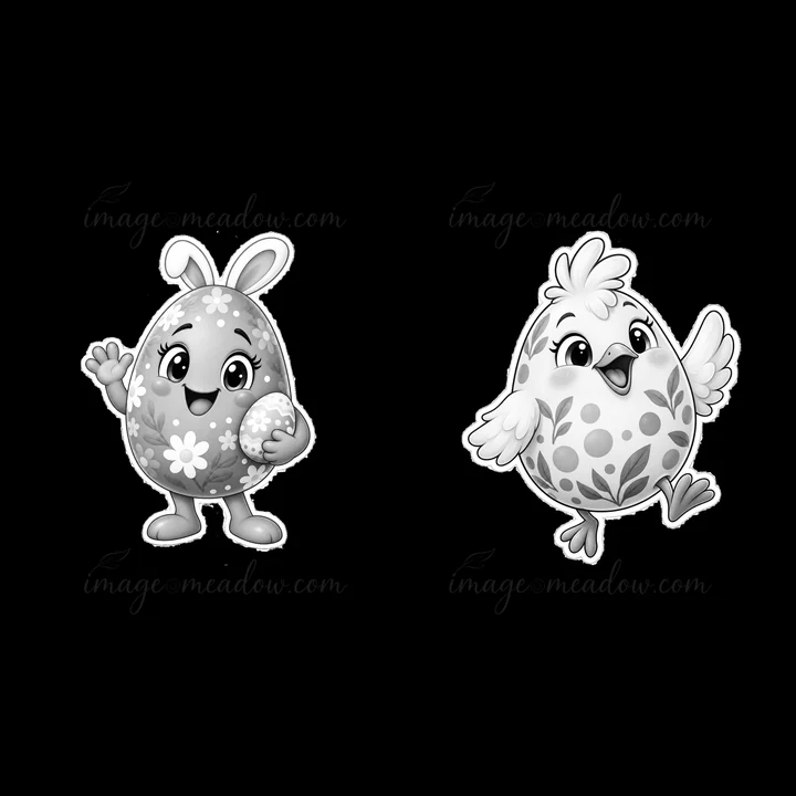 Two cartoon stickers feature a character holding an Easter egg on one side and a cheerful bird on the other. The design is suitable for spring themes and Easter