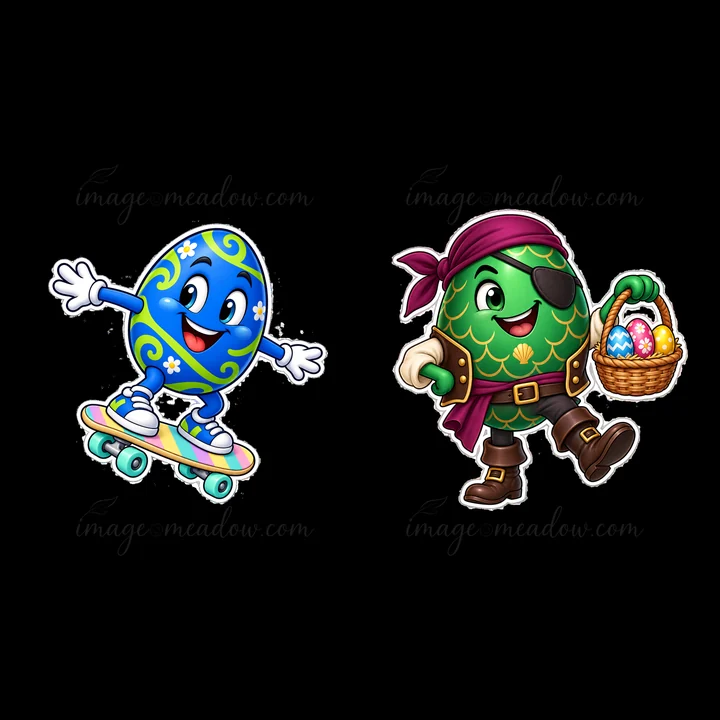 Two cartoon Easter eggs are featured. One egg skateboards with a cheerful expression, while the other egg wears a pirate outfit and carries a basket filled with