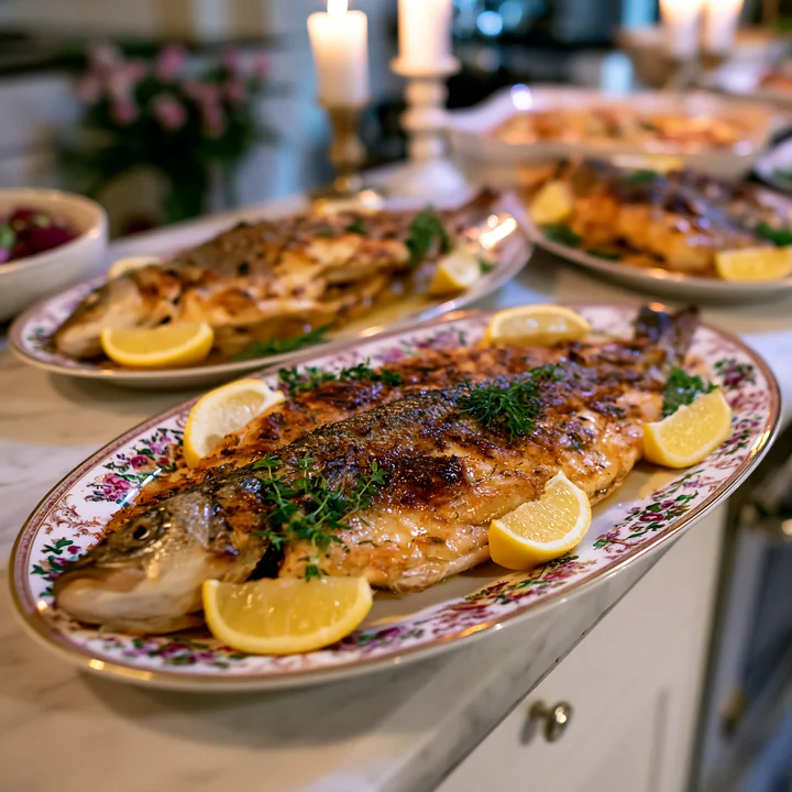 Colorful festive serving platters display grilled fish garnished with lemon slices in a bright kitchen.