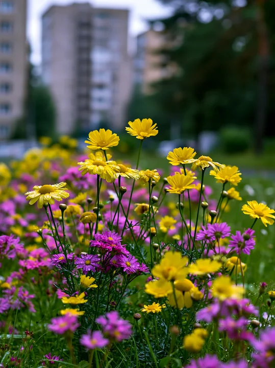 Colorful flowers bloom in an urban meadow among buildings, showcasing a blend of yellow and pink petals against a backdrop of tall structures in an open area.