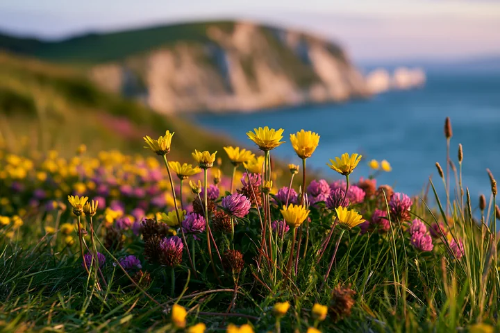 Colorful flowers bloom on the grassy foreground while white cliffs stand tall against the blue sea in the background.
