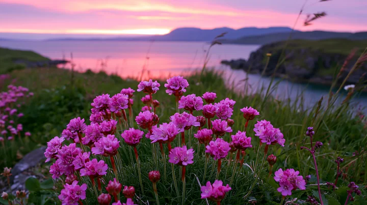 Colorful island flowers grow along a cliff edge as the sun sets over the water.