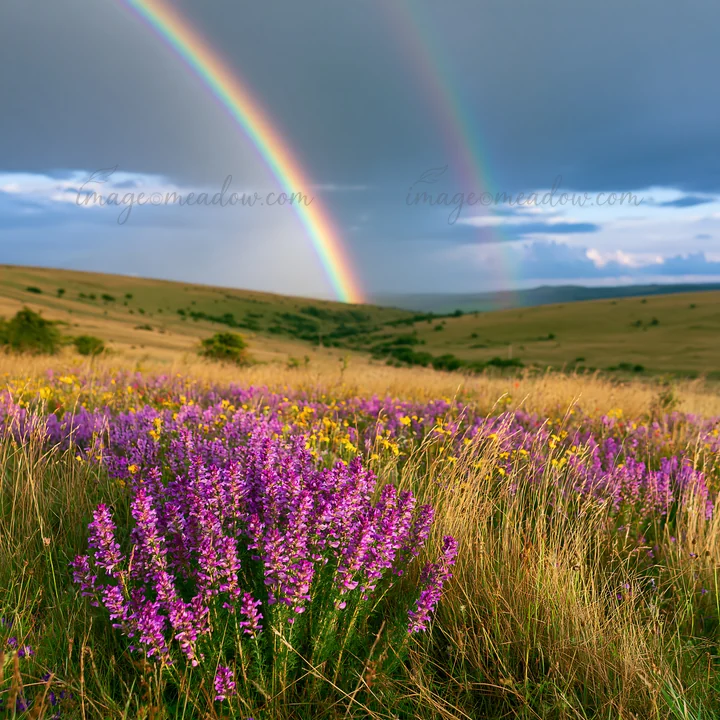 Lavender flowers bloom in a meadow with green hills in the background. A rainbow arches across the gray sky after rain. The scene captures the beauty of nature