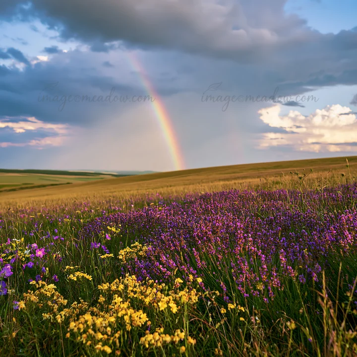 A vast meadow filled with purple lavender and yellow flowers stretches into the distance. Dark clouds gather above, with a rainbow appearing after rainfall. Thi