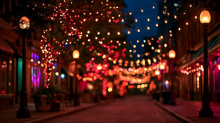 Colorful lights hang overhead in a vibrant city street.
