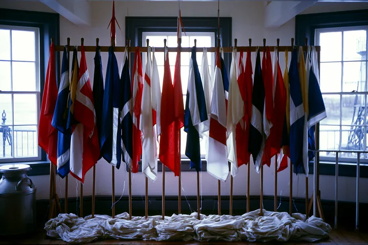 Colorful maritime flags hang on a display at the lighthouse museum interior.