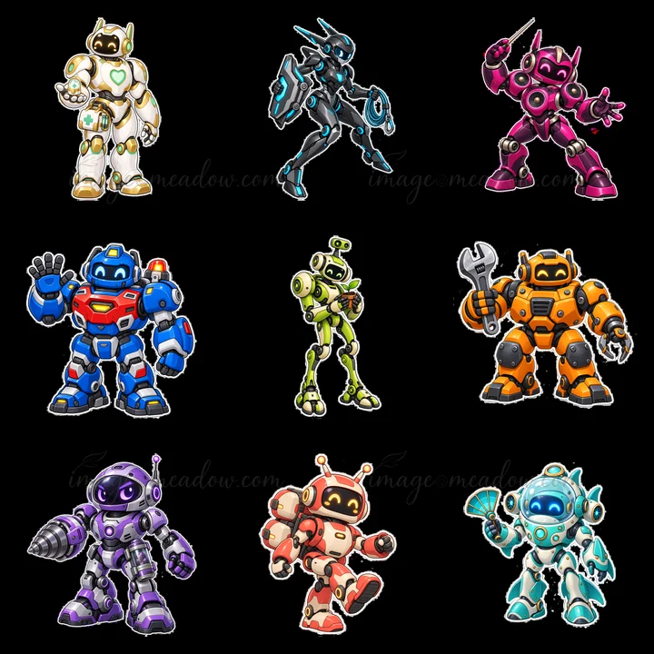 A grid of nine mech robots in different colors and poses. Each robot displays unique features, accessories, and designs, ideal for various creative projects.