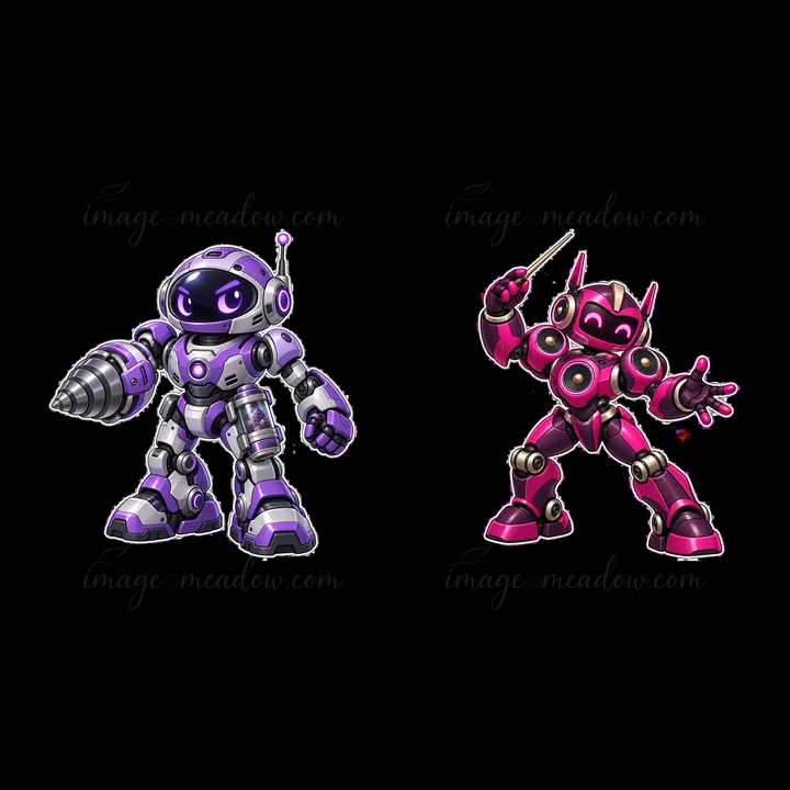 Two distinct mech robots are engaged in a playful duel. One robot is purple with a drill arm, while the other is pink, holding a tool. Their stances reflect exc