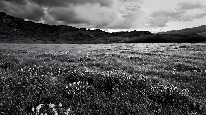 A meadow filled with colorful orchids spreads across the landscape. The scene captures the beauty of flowers in a natural setting, with dark clouds overhead and
