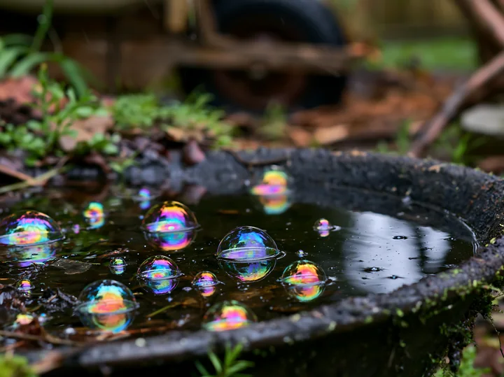 Colorful rainbow oil droplets float on the surface of still water in a garden.