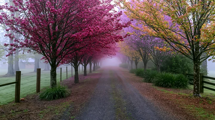 Colorful spring trees along a country road form a vibrant canopy, with shades of pink and yellow.