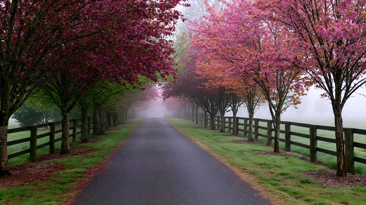 Colorful spring trees along a country road line a peaceful path with vibrant blooms on both sides.