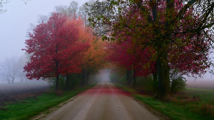 Colorful spring trees line a dirt road, creating a vibrant scene.