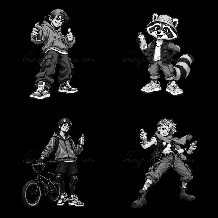 Four animated characters are depicted in a 2x2 arrangement. Each character is holding a spray can and showcases unique styles. The scene captures an urban vibe