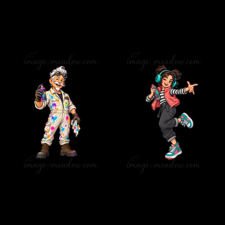 Two cartoon characters are seen with spray cans, expressing creativity. One is an older man in a paint-splattered jumpsuit, while the other is a young girl wear
