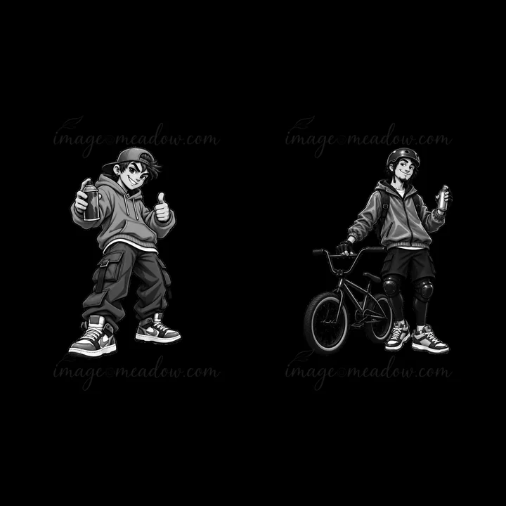 Two cartoon characters stand in a black-and-white style. One holds a spray can, giving a thumbs up. The other has a bike and is ready for action. Both represent