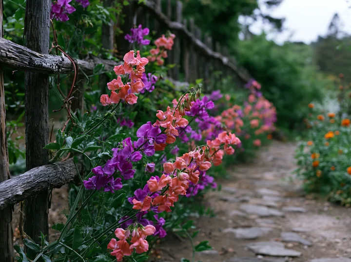 Coral and purple sweet pea flowers climb a rustic wooden trellis beside a garden path.