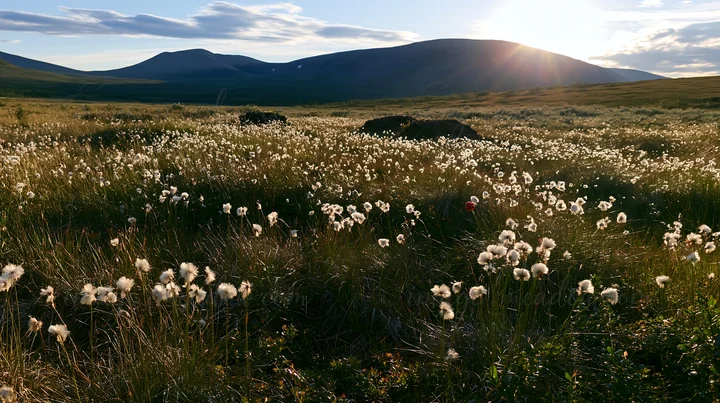 A meadow filled with cottongrass displays a warm glow during sunset. The hills in the background add depth to the scene, showcasing nature's beauty in this open