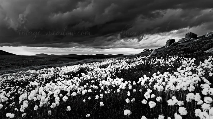 Cottongrass fills the meadow with white blooms, set against a backdrop of dark clouds and distant mountains. The landscape highlights the contrast between natur