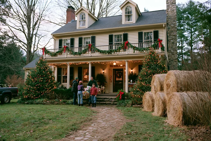 Country house decorated with pine garlands, lit Christmas trees, hay bales, and four people outside.