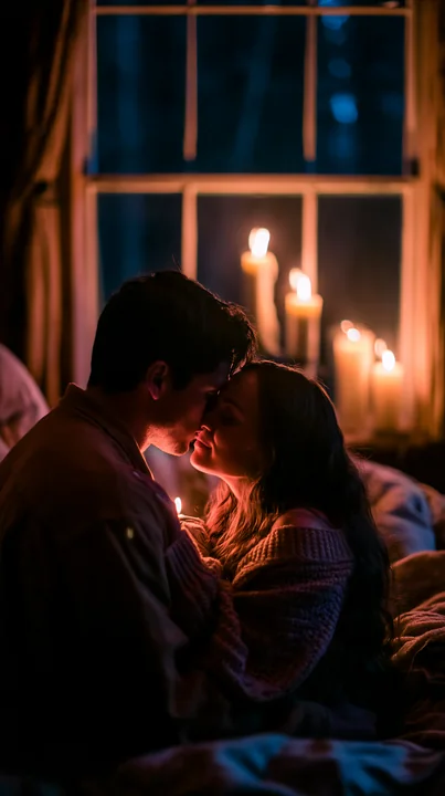 Couple embracing beside candlelight in a dim bedroom, sharing an intimate forehead kiss.