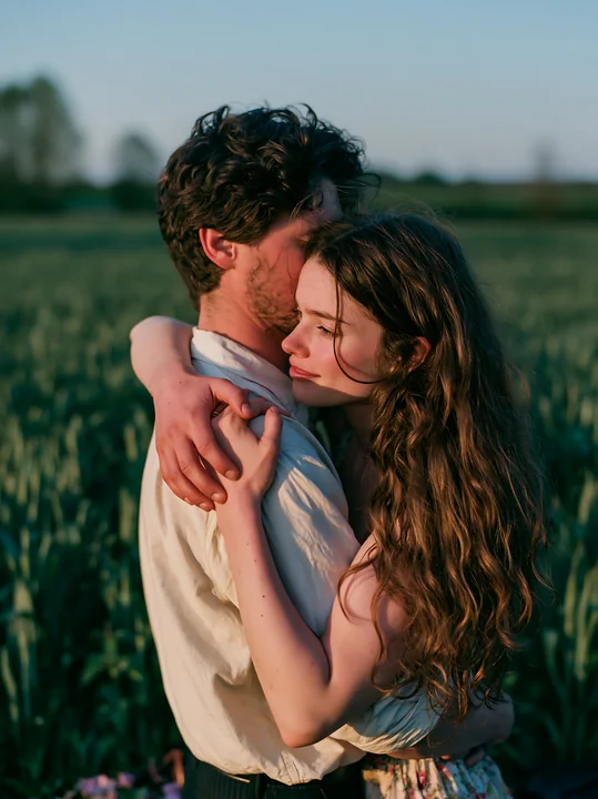 Couple embracing closely in a sunlit green field during spring.