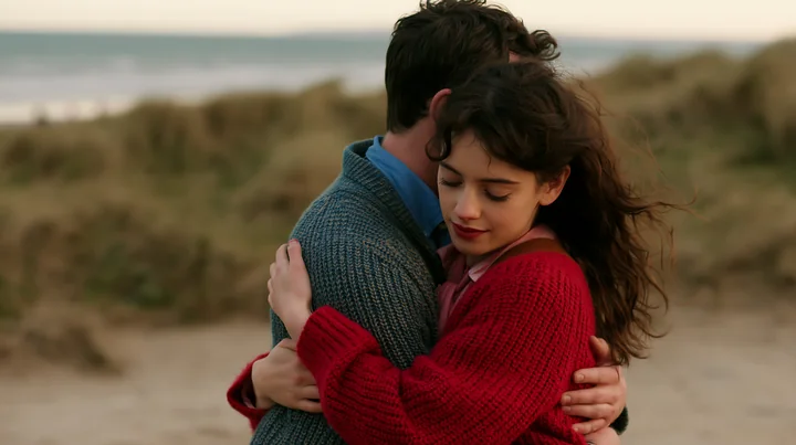 Couple embracing closely on a sandy beach with dunes and sea in the background.