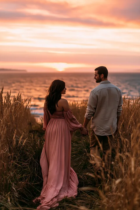 Couple holding hands in tall coastal grass beside the ocean as the sun sets.